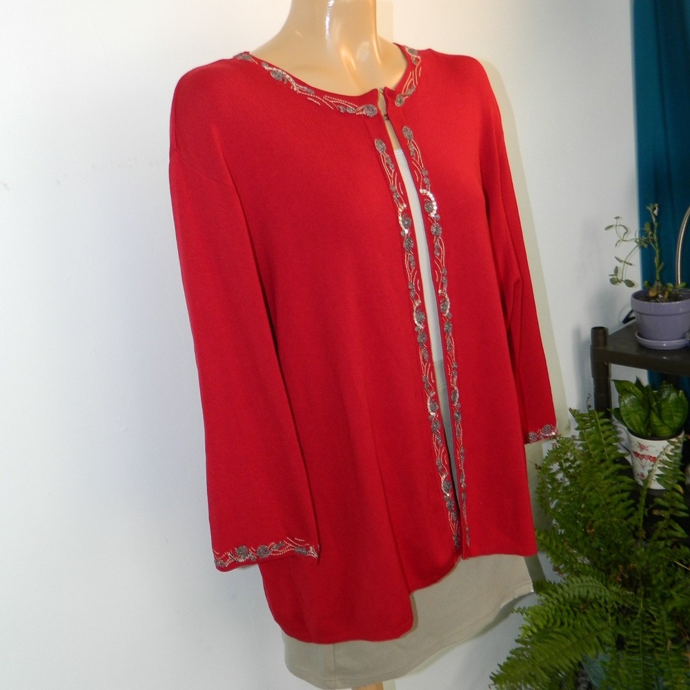 Joseph A Vtg Silk Blend Open Cardigan Womens 2X Red Sequin Beaded 3/4 Sleeve